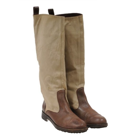 Marni Womens Riding Boots Size US9 EU39 Brown Leather Tan Canvas Vibram Lug Sole